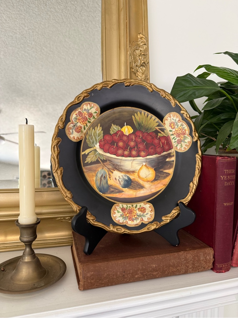 Decorative Fruit Bowl Plate — Black and Gold with Red Accents
